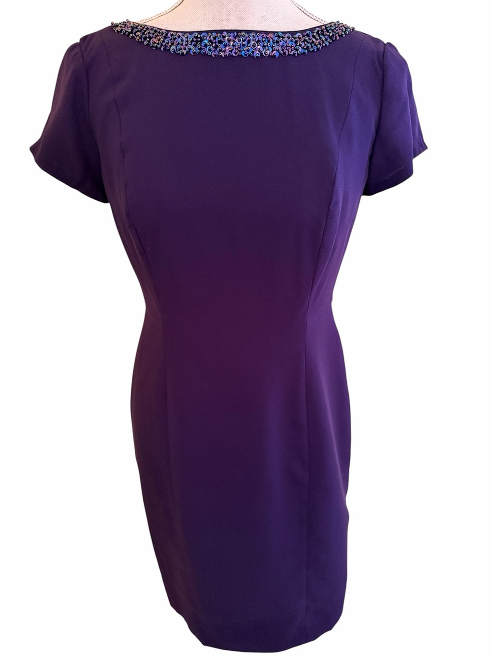 Talbot's Vintage  Purple Beaded/Sequin Neck Short Sleeve Sheath Dress 2P